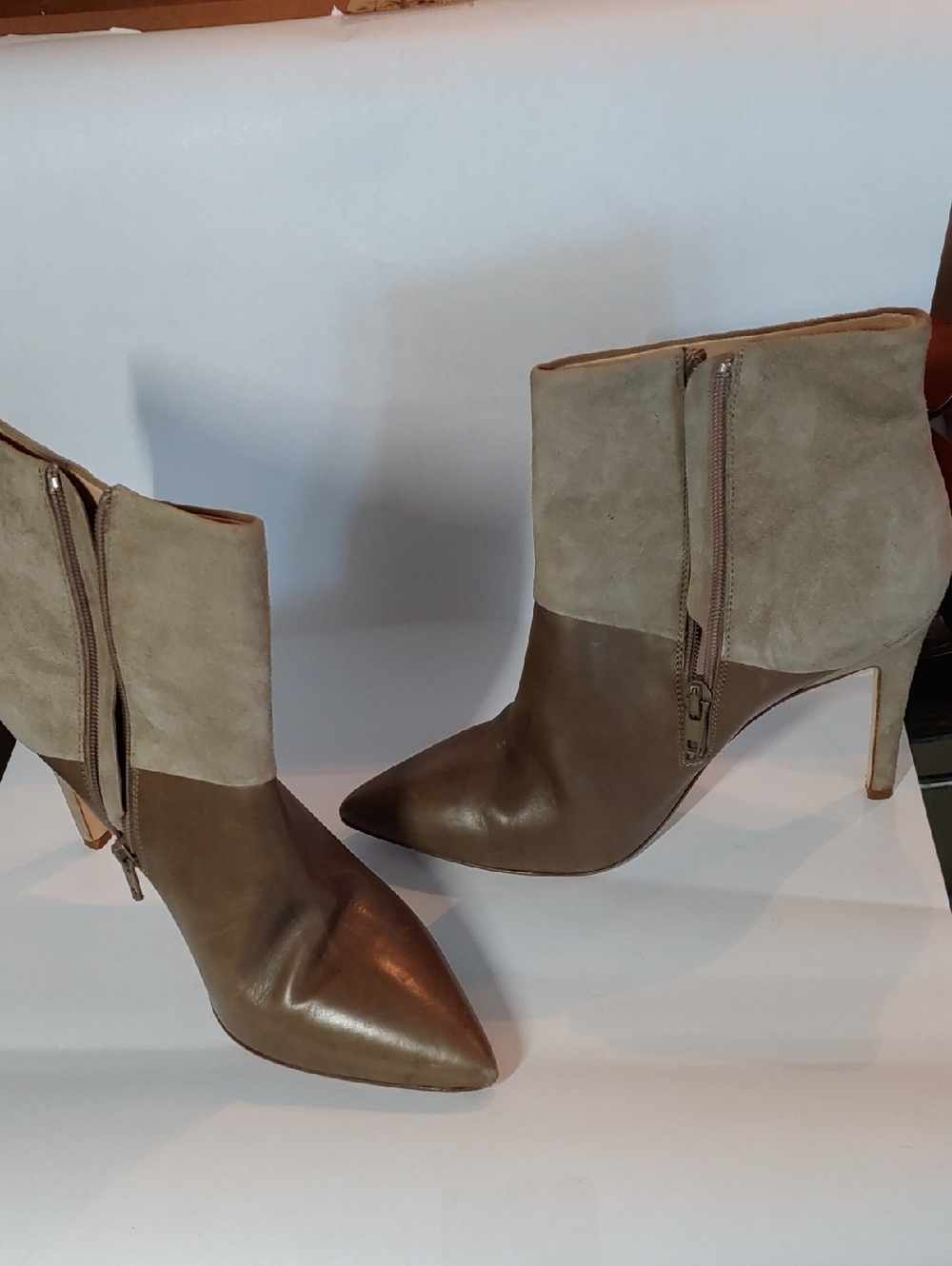 J. Crew Two-Tone Brown and Taupe Pointed-Toe Ankle Boots